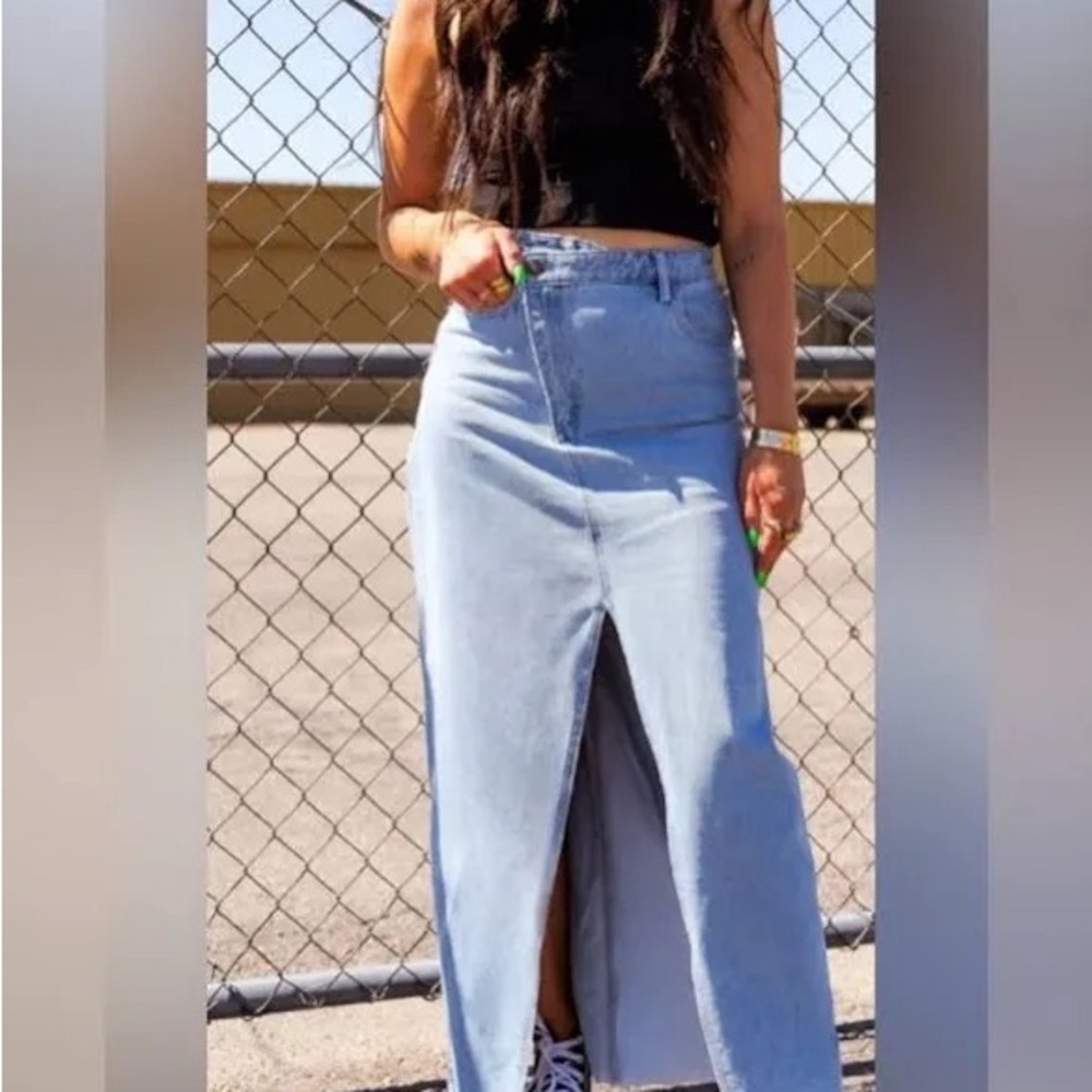 Dressed in LALA Don’t Kill My Vibe Criss Cross Denim Maxi Skirt SIZE Small